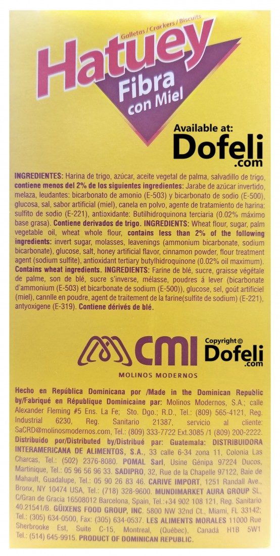 Healthy fibre crackers with honey produced by Molinos Modernos in Dominican Republic, great for daily consumption.